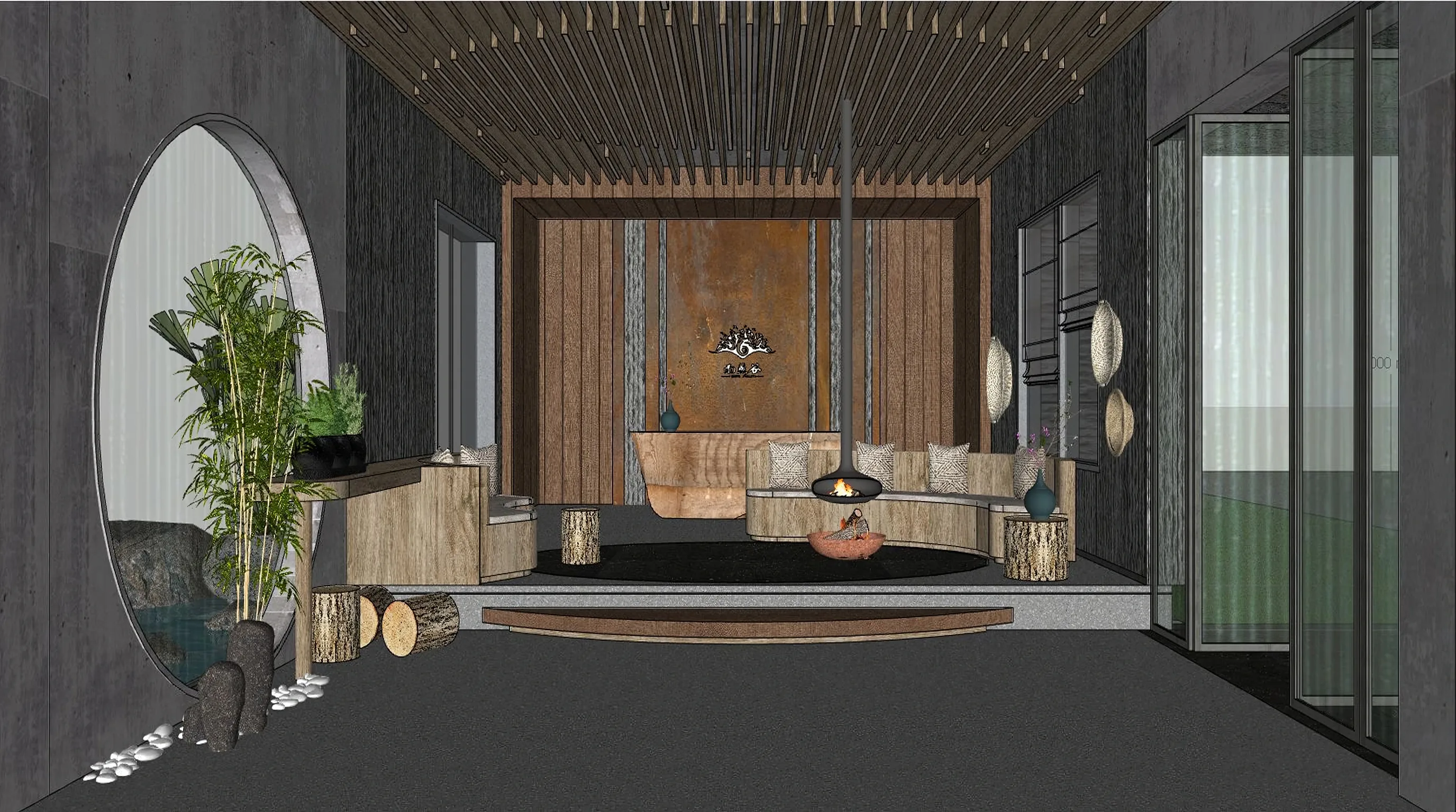 3D model view of a cafe lounge, before materials and lighting