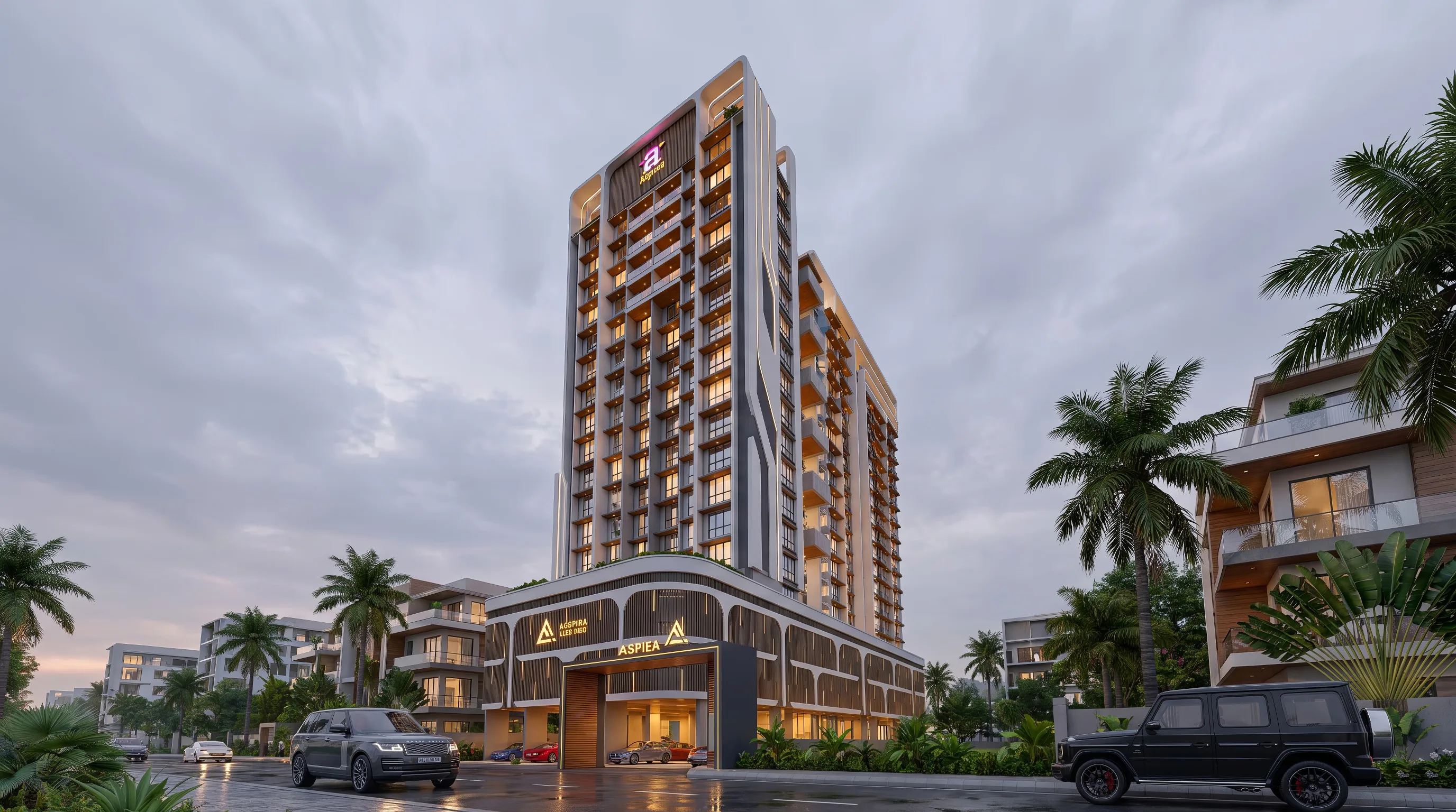 Residential tower, from block-out render to final photoreal render — after