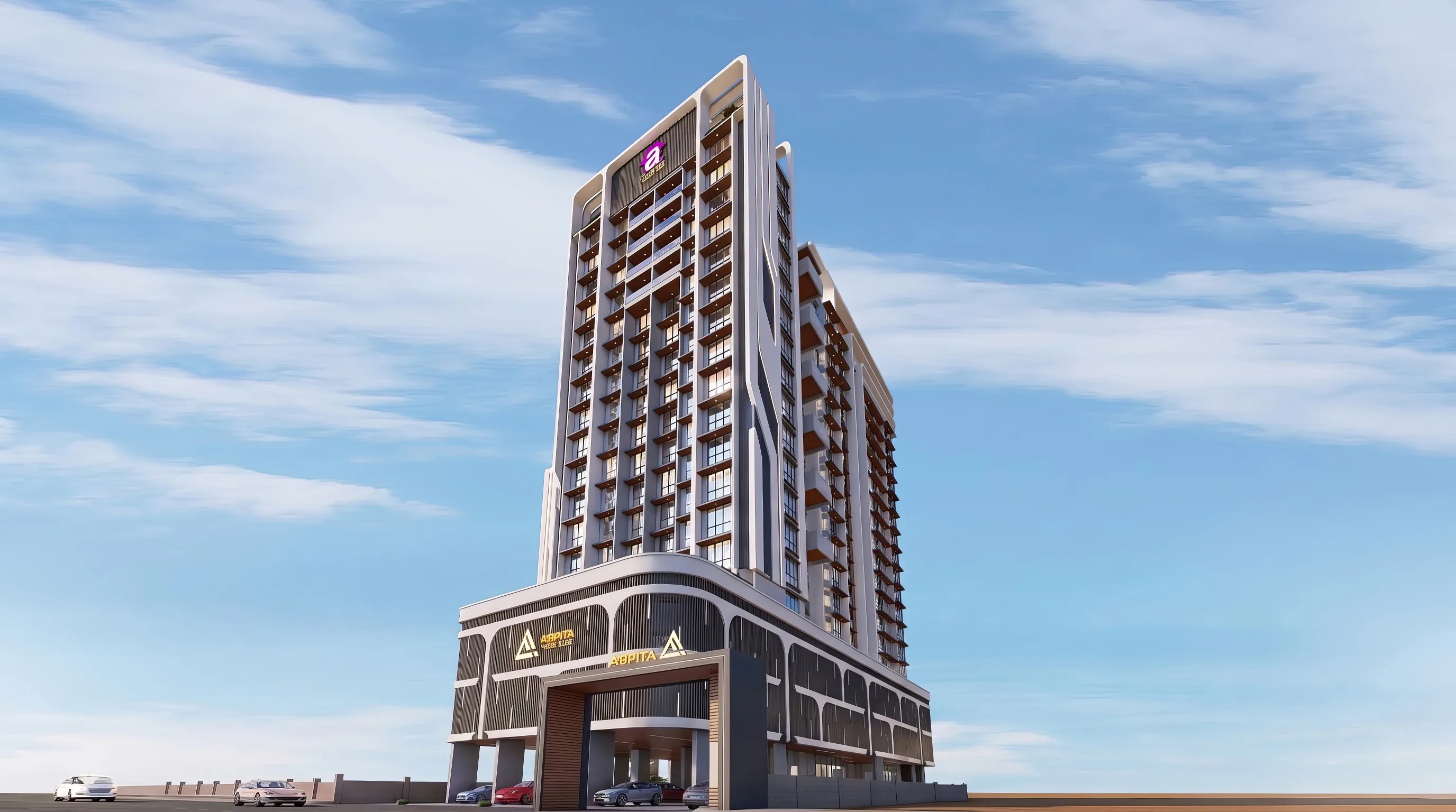 Residential tower, from block-out render to final photoreal render — before