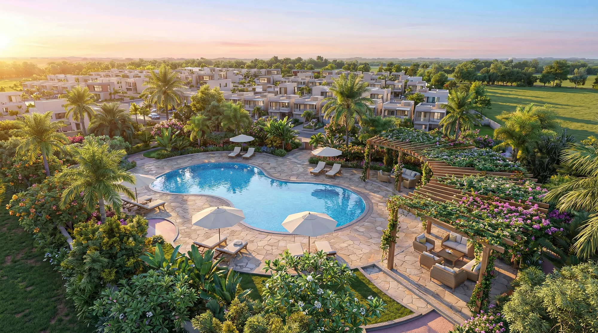 Dholera Collective: exterior render of an aerial view of a resort-style clubhouse pool ringed by palms, pergolas and villa rows at golden hour