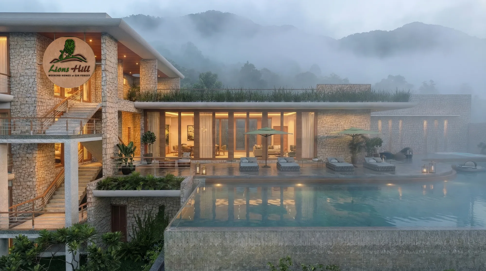 Lions Hill Villa: exterior render of a hillside villa with an infinity pool, stone walls and lit interiors in morning mist, beneath the Lions Hill sign