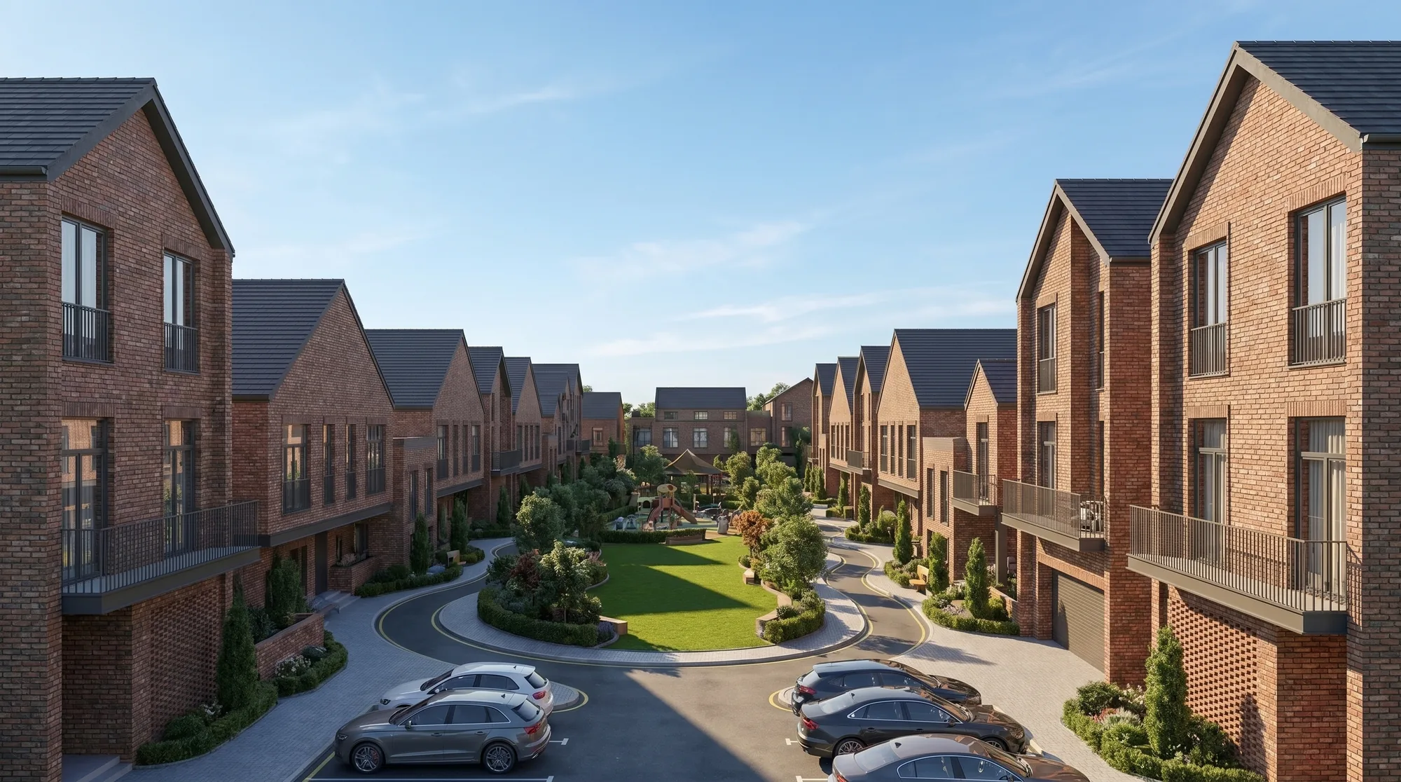 The Terrace Scheme: exterior render of brick townhomes with pitched roofs around a landscaped court and parking